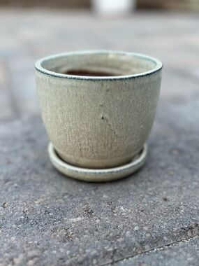 Small 4.5” ceramic planter with drainage saucer — grayish blue reactive glaze
